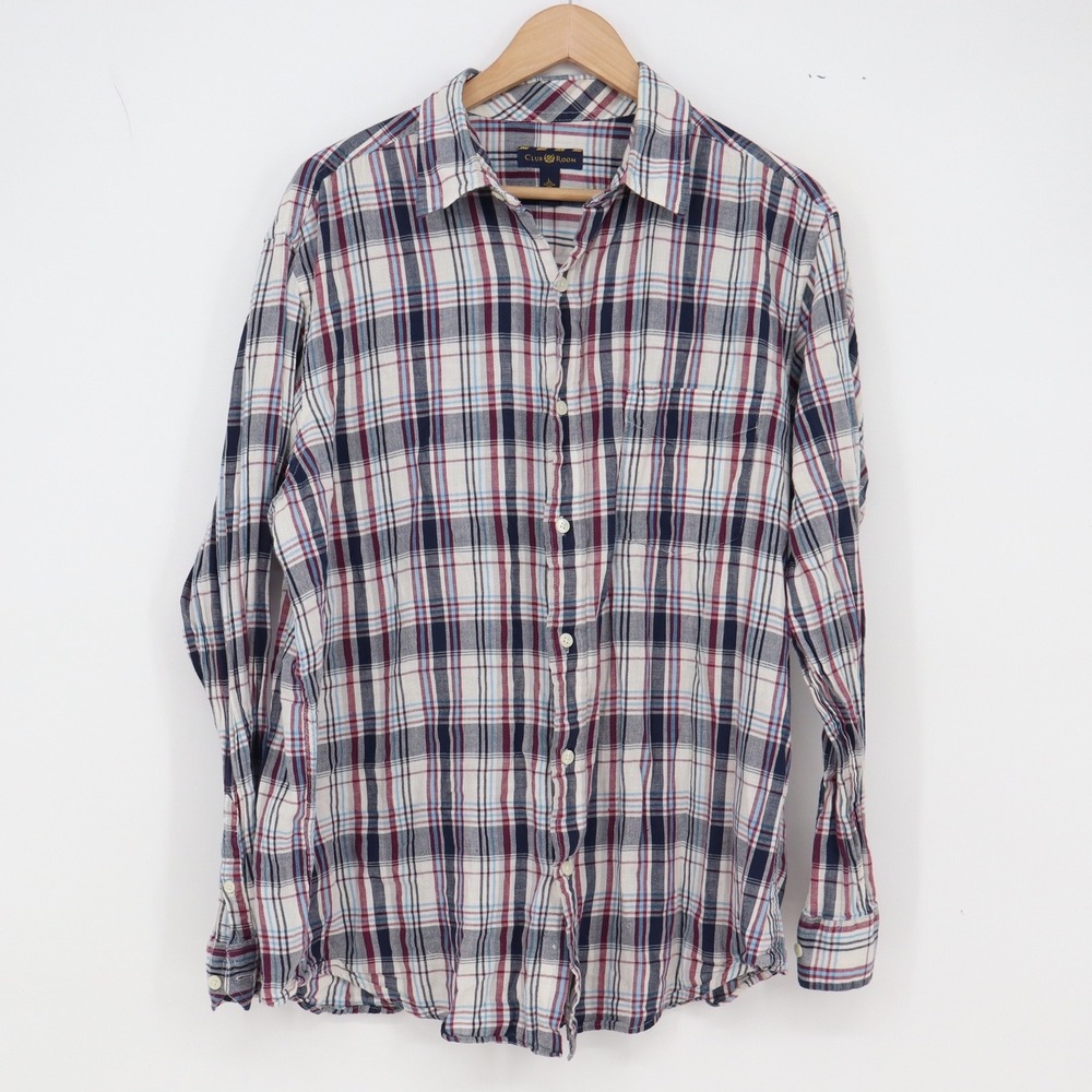 Club Room Linen Shirt Mens L Plaid Navy Red Button-down Excellent